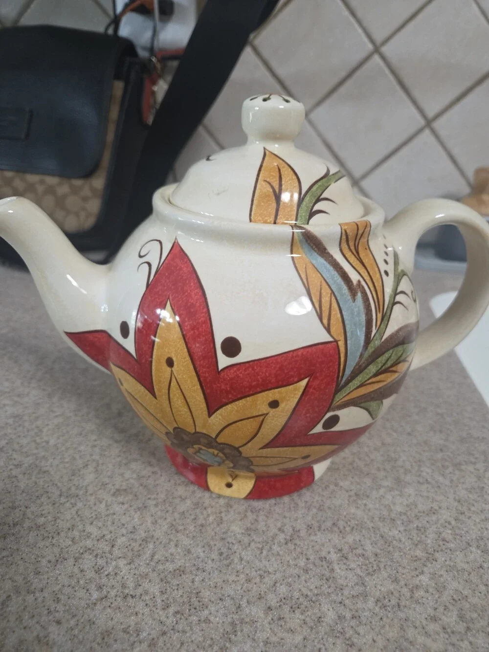 Pier 1 Imports Ceramic Teapot Floral Red Yellow Green Used